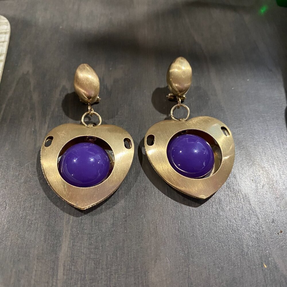 Gold Brush Metal Purple Stone Industrial Modernist Artsy Steampunk Earrings 2,5"